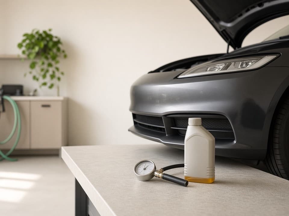 Oil and tire care tools beside a vehicle in a quiet garage